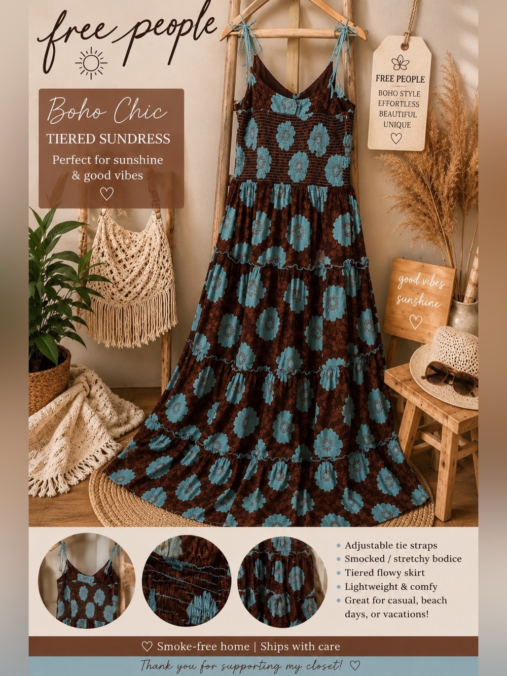Free People Boho Brown Aqua Floral Tiered Sundress Smocked Midi/Maxi Dress NWT L